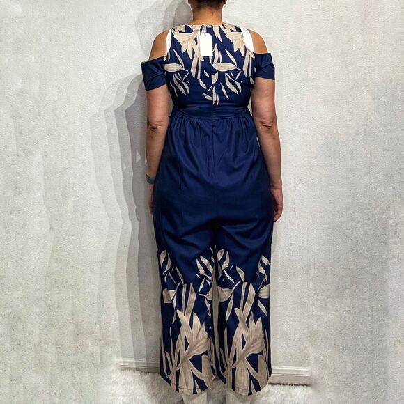 Made With Love Navy Floral Cold Shoulder Wide Leg Jumpsuit Sz M NWT - Picture 12 of 14